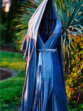 Zhenabia Blue Linen Hooded Maxi Dress - Ethereal Bohemian Goddess Vibes